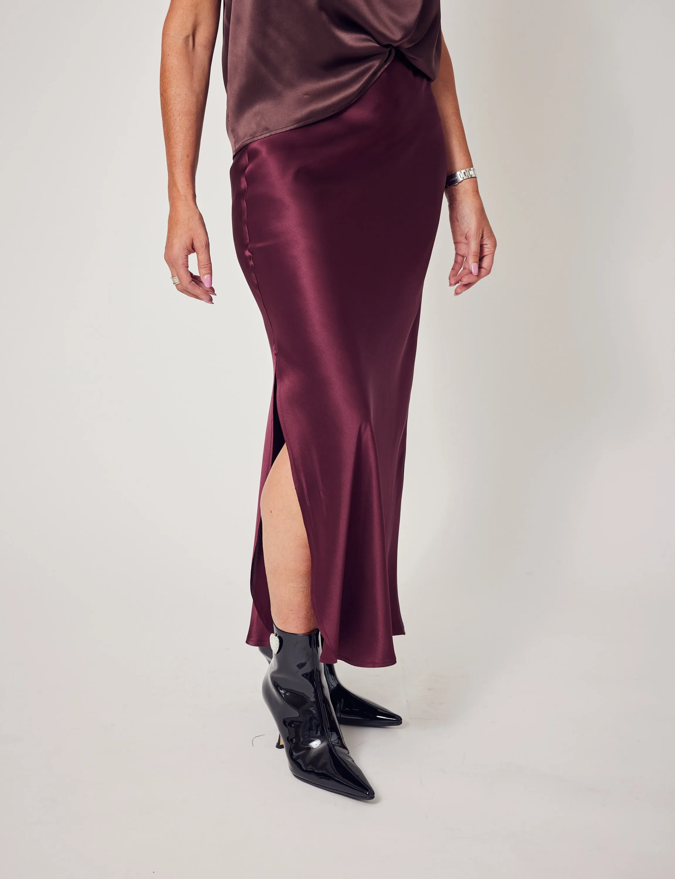Silk Slit Skirt In Merlot