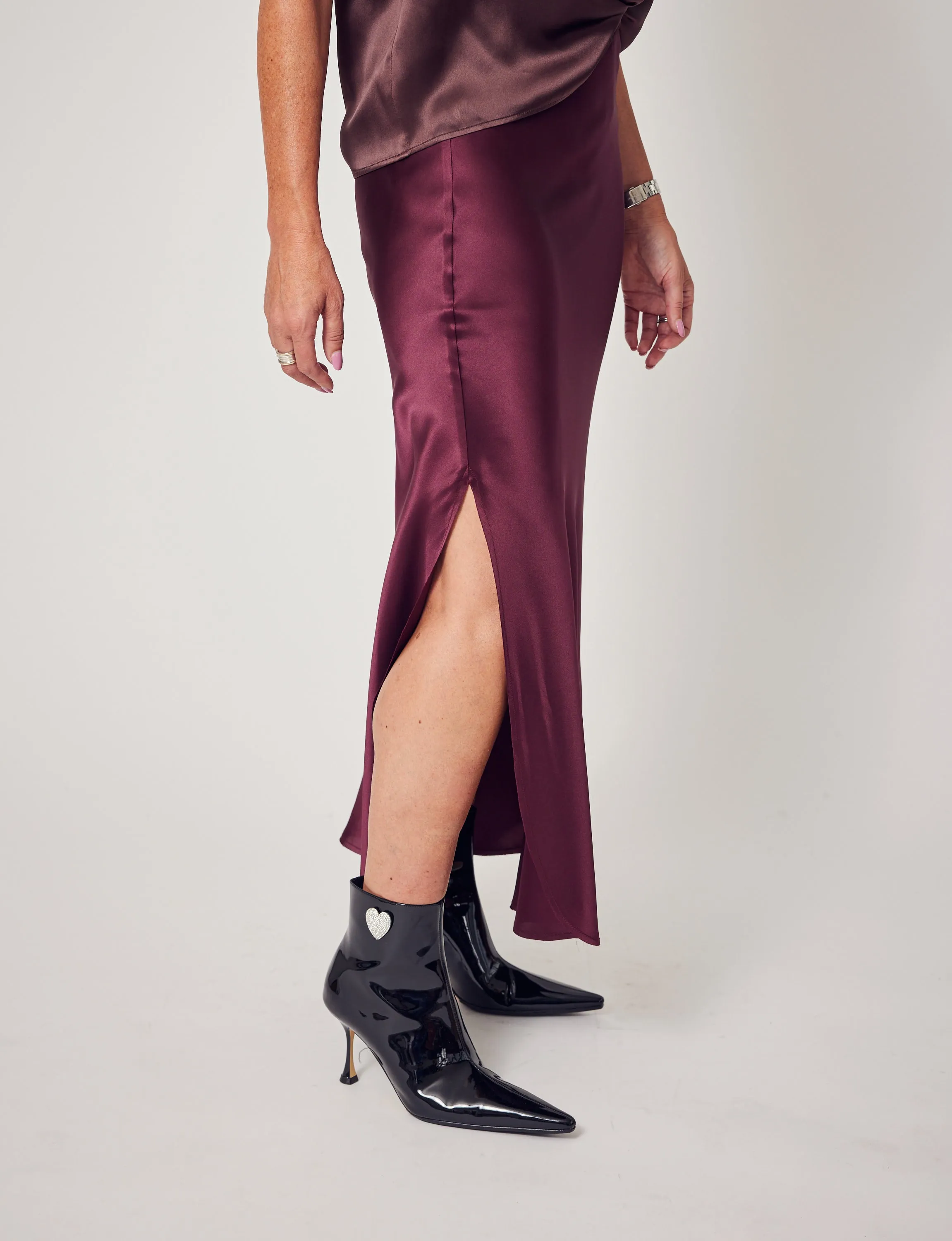 Silk Slit Skirt In Merlot