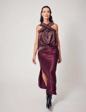 Silk Slit Skirt In Merlot