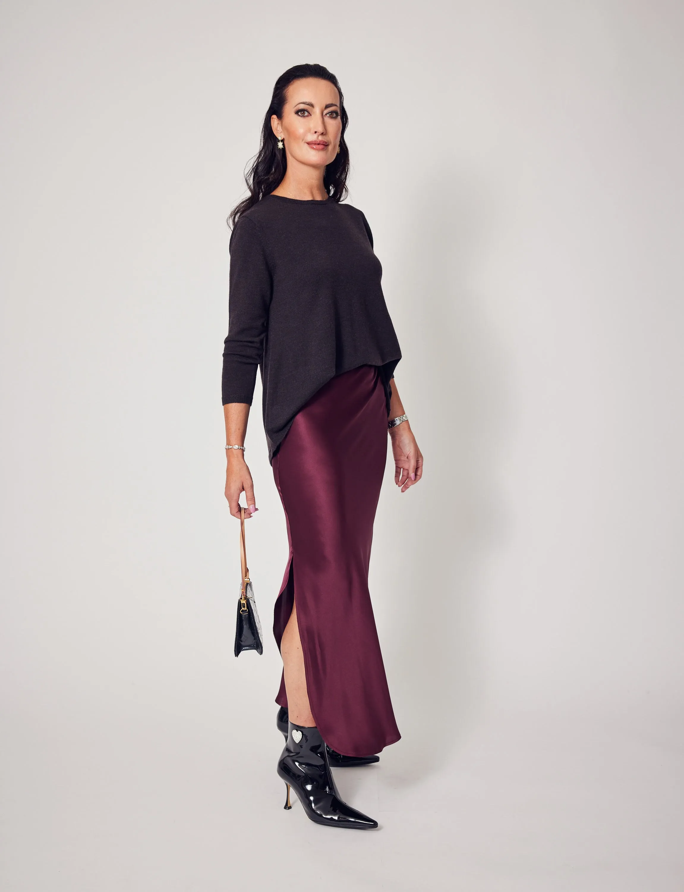 Silk Slit Skirt In Merlot