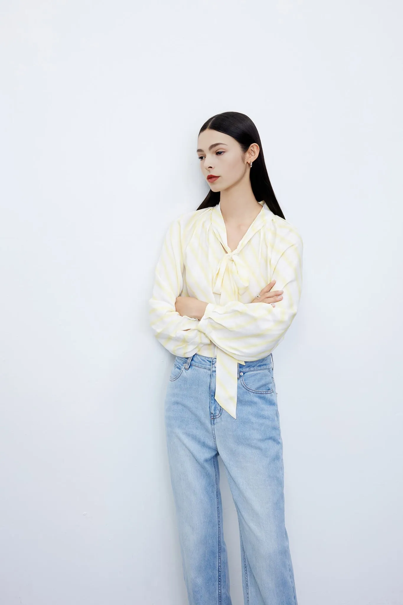 Silky Bow Tie Draped Blouse