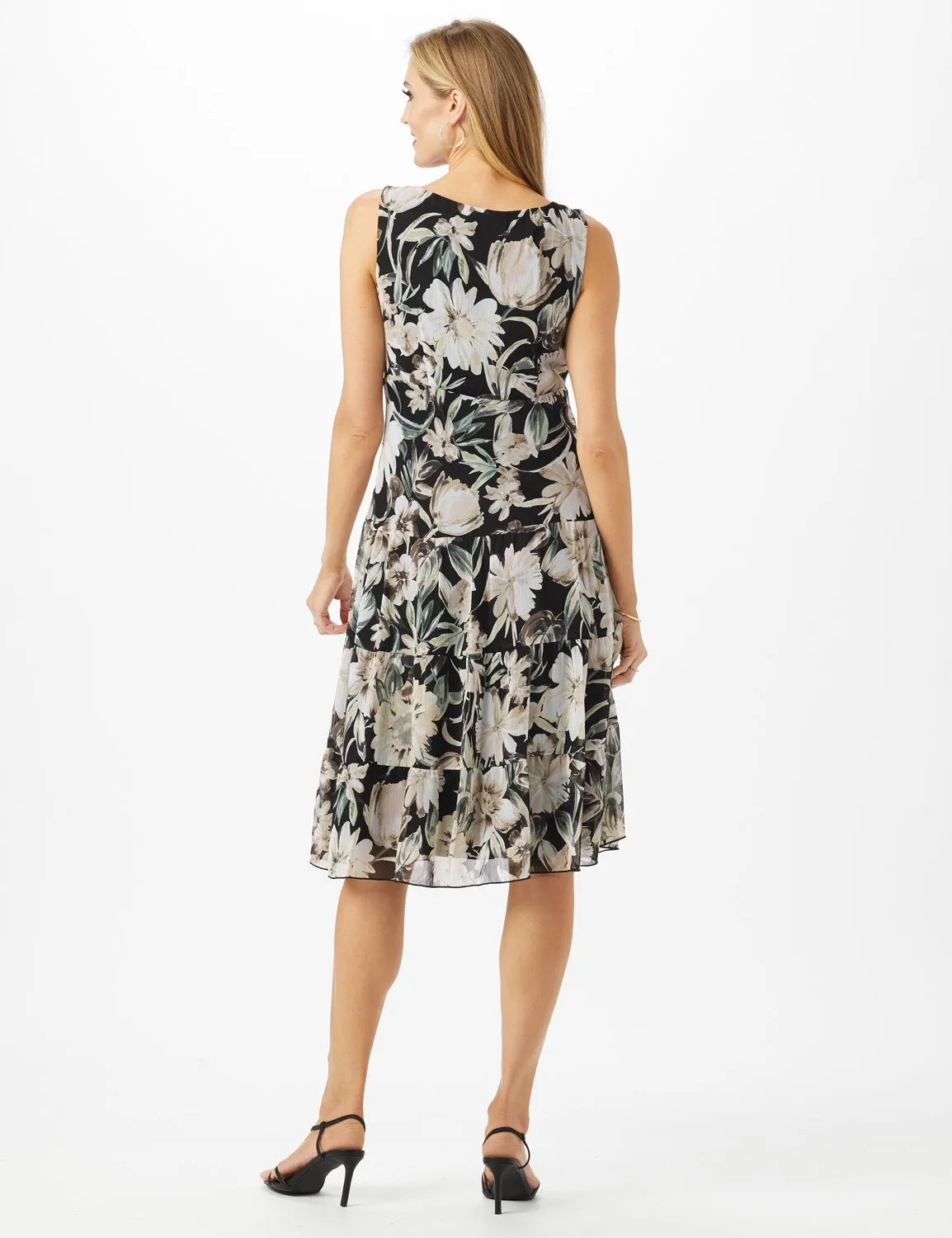 Sleeveless V-Neck Floral Flounce Detail Dress