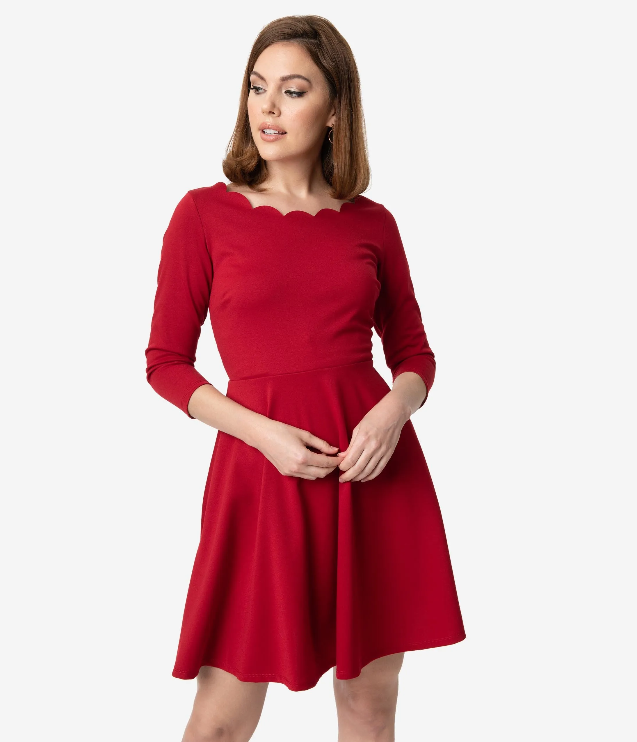 Smak Parlour Berry Red Three-Quarter Sleeve Charmed Fit & Flare Dress