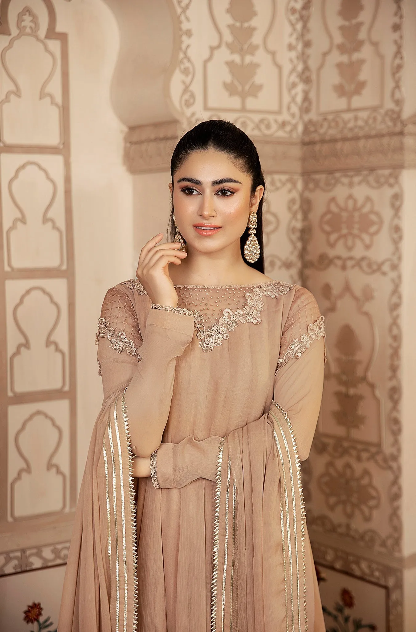 Soft Beige Embellished Anarkali Gown (Norah)