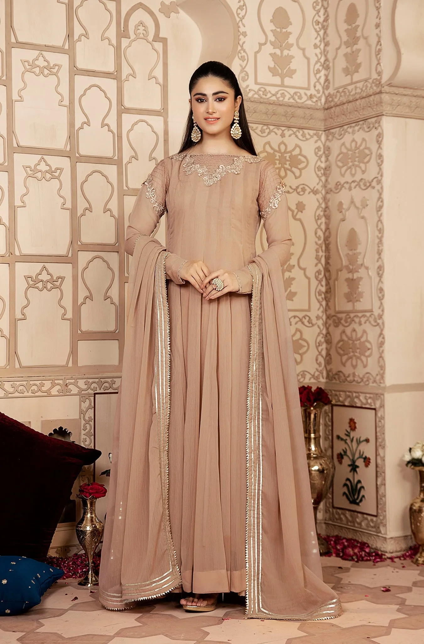Soft Beige Embellished Anarkali Gown (Norah)