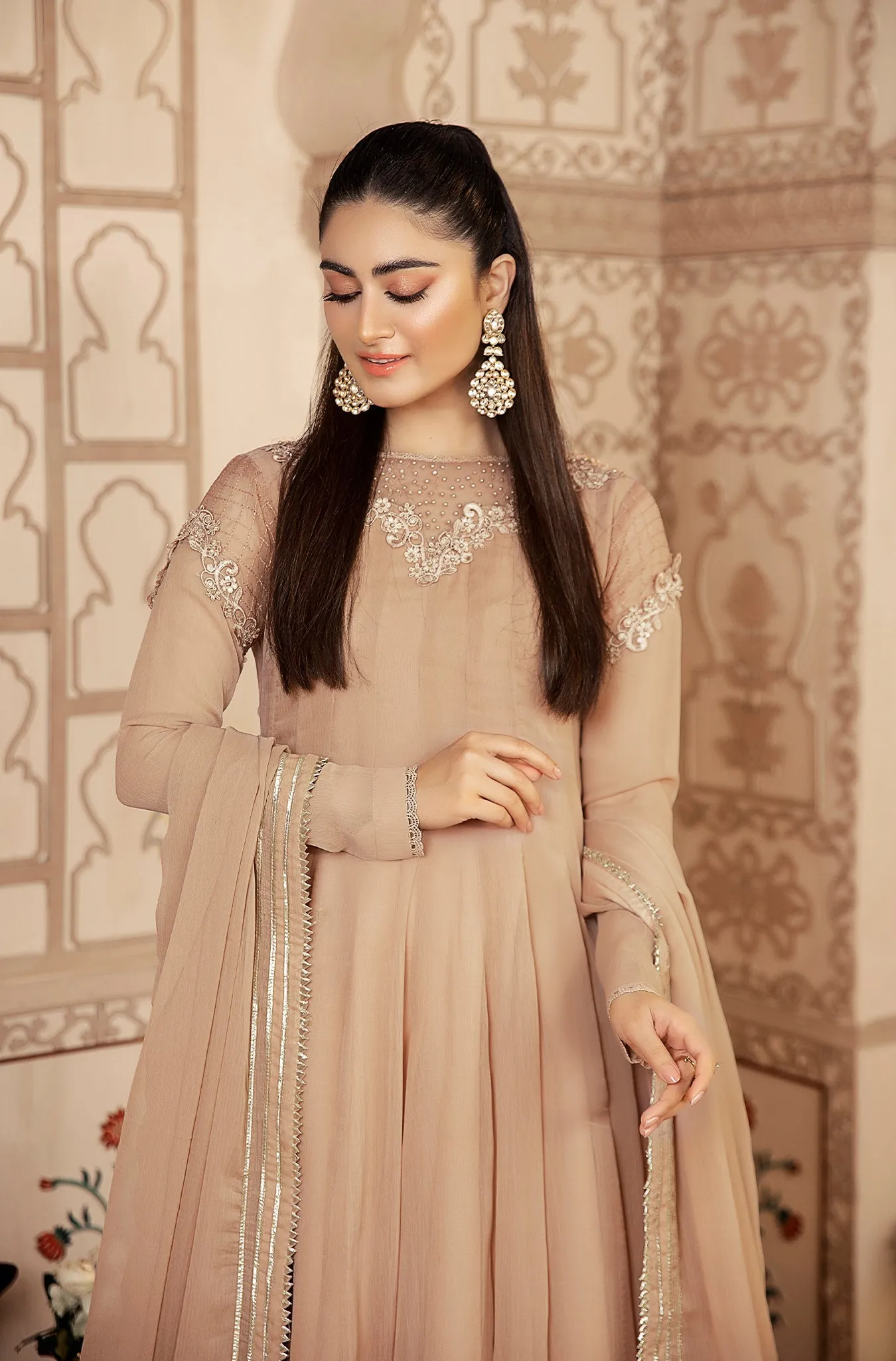 Soft Beige Embellished Anarkali Gown (Norah)