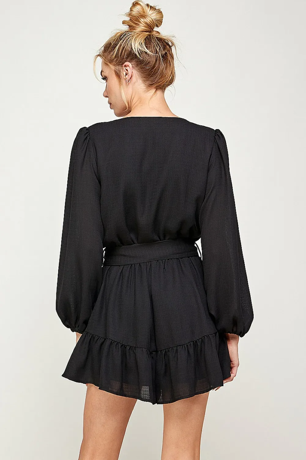 SOLID BELTED RUFFLED ROMPER | BLACK