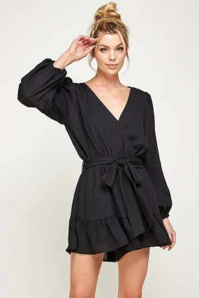 SOLID BELTED RUFFLED ROMPER | BLACK