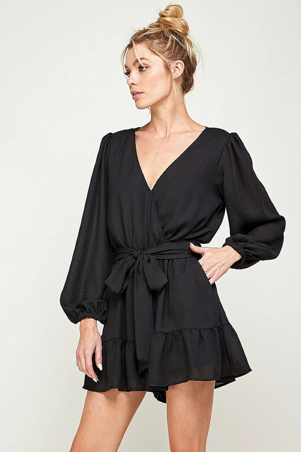 SOLID BELTED RUFFLED ROMPER | BLACK