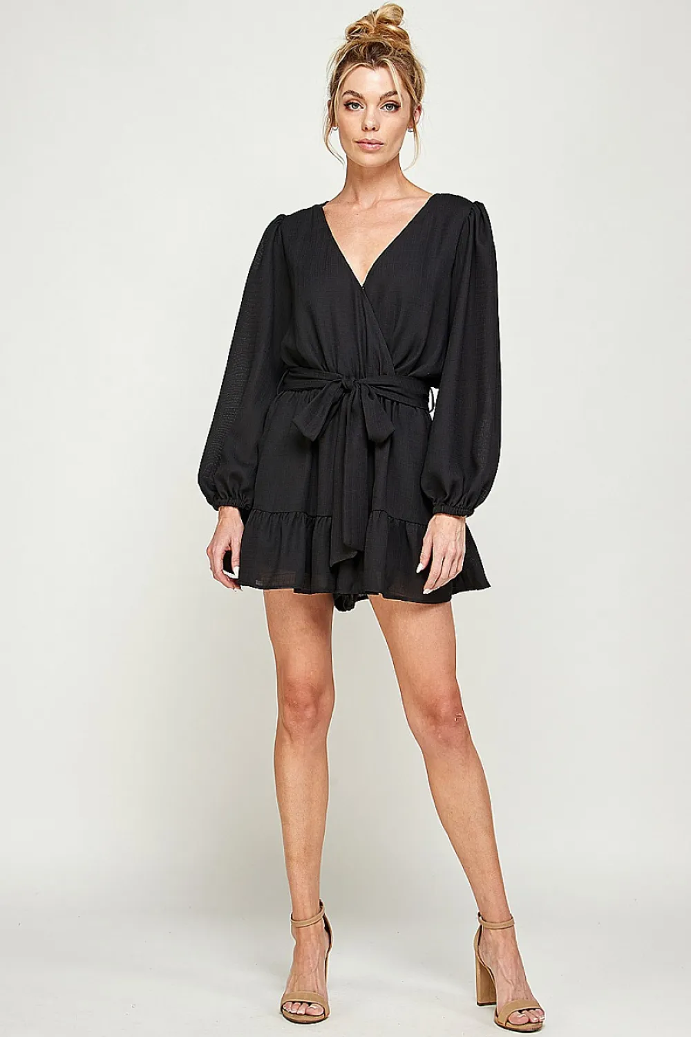 SOLID BELTED RUFFLED ROMPER | BLACK