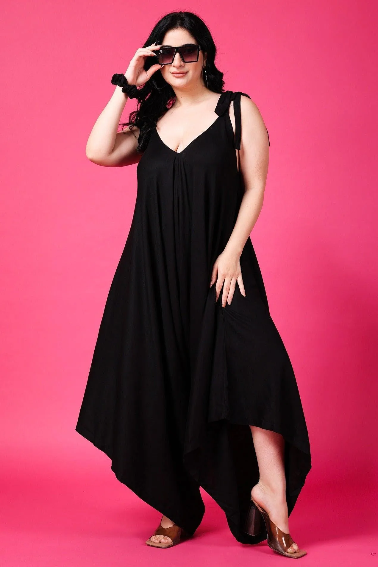 Solid Dhoti Style Loose Jumpsuit with Shoulder Tie