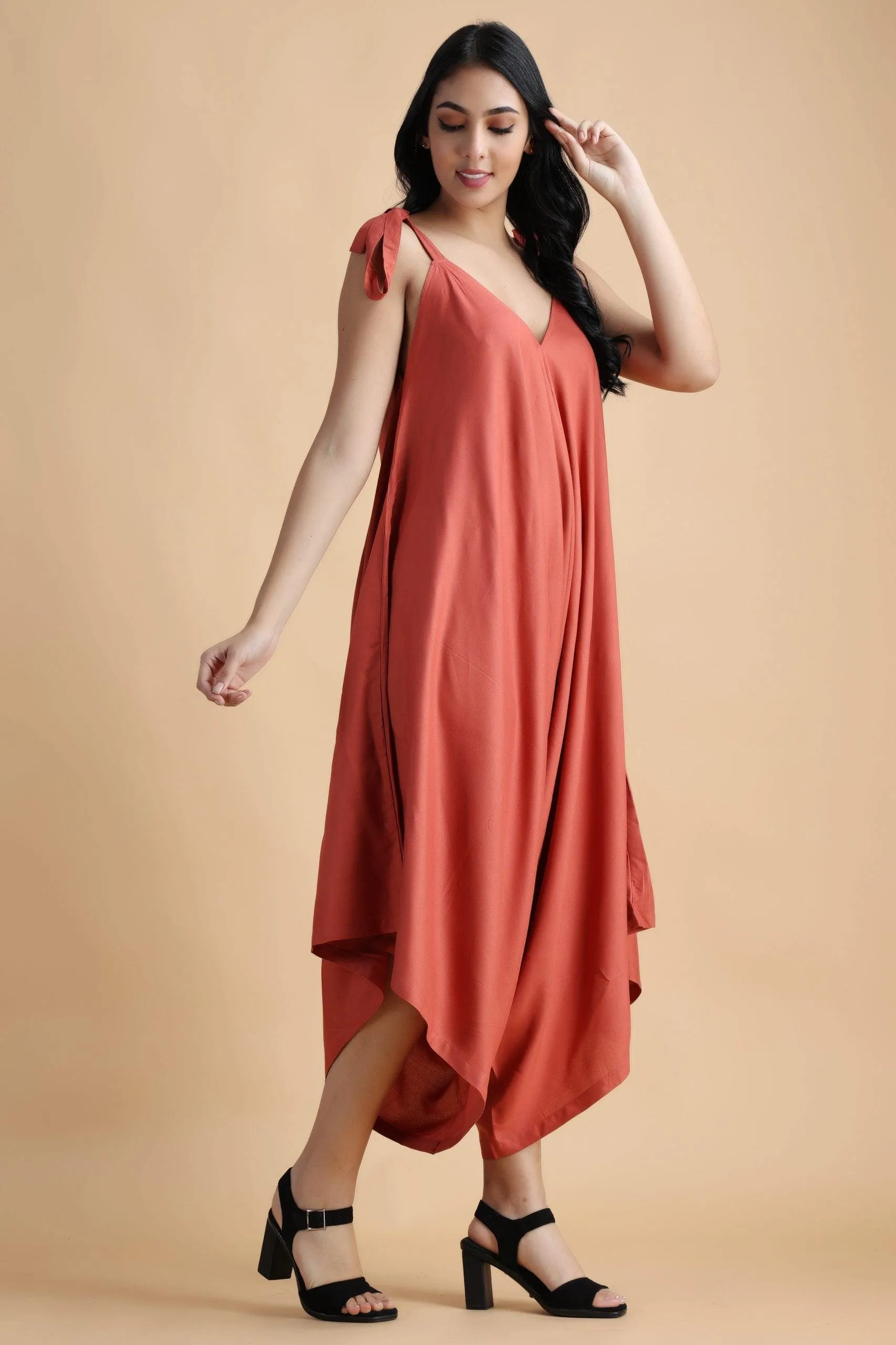 Solid Dhoti Style Loose Jumpsuit with Shoulder Tie