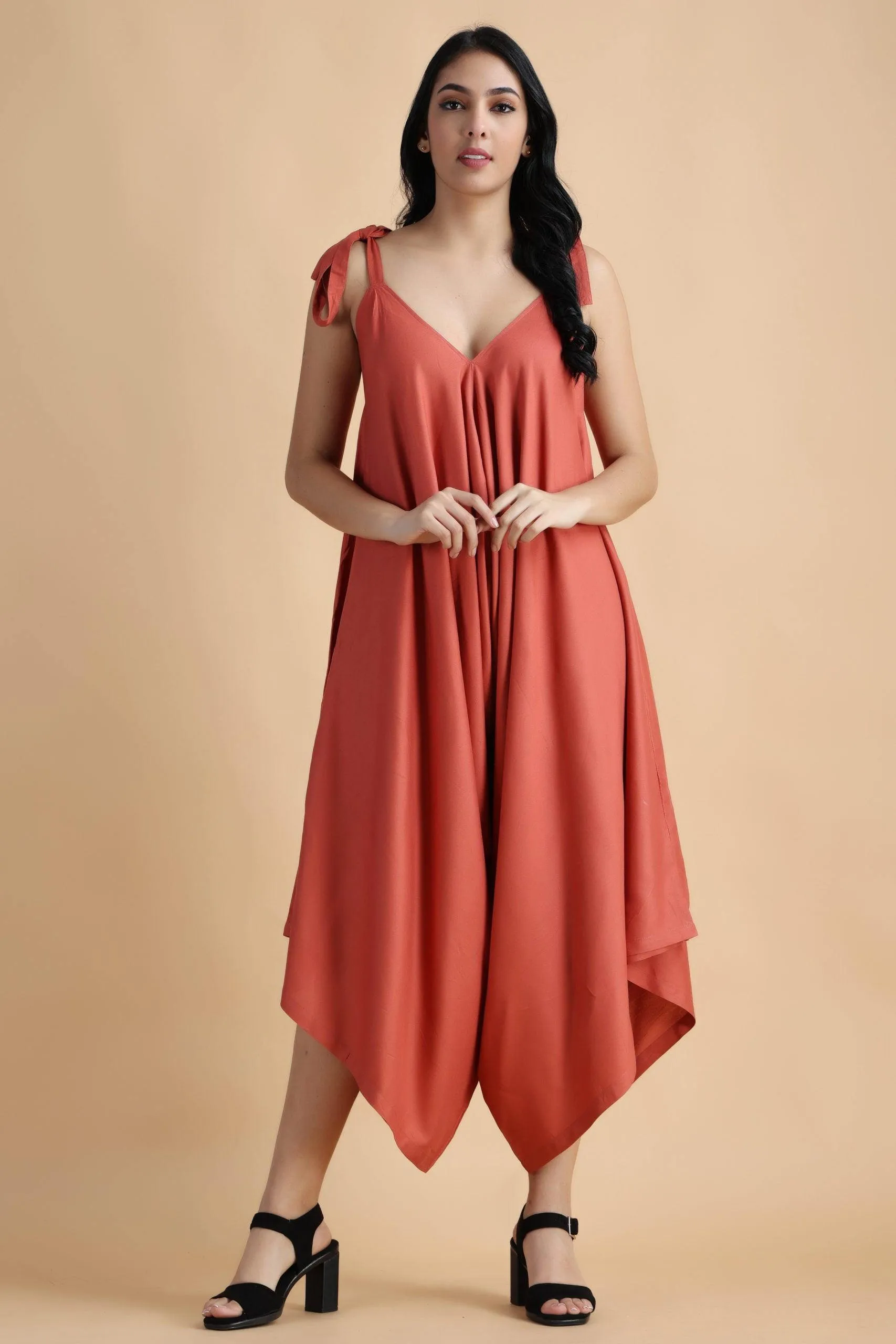 Solid Dhoti Style Loose Jumpsuit with Shoulder Tie