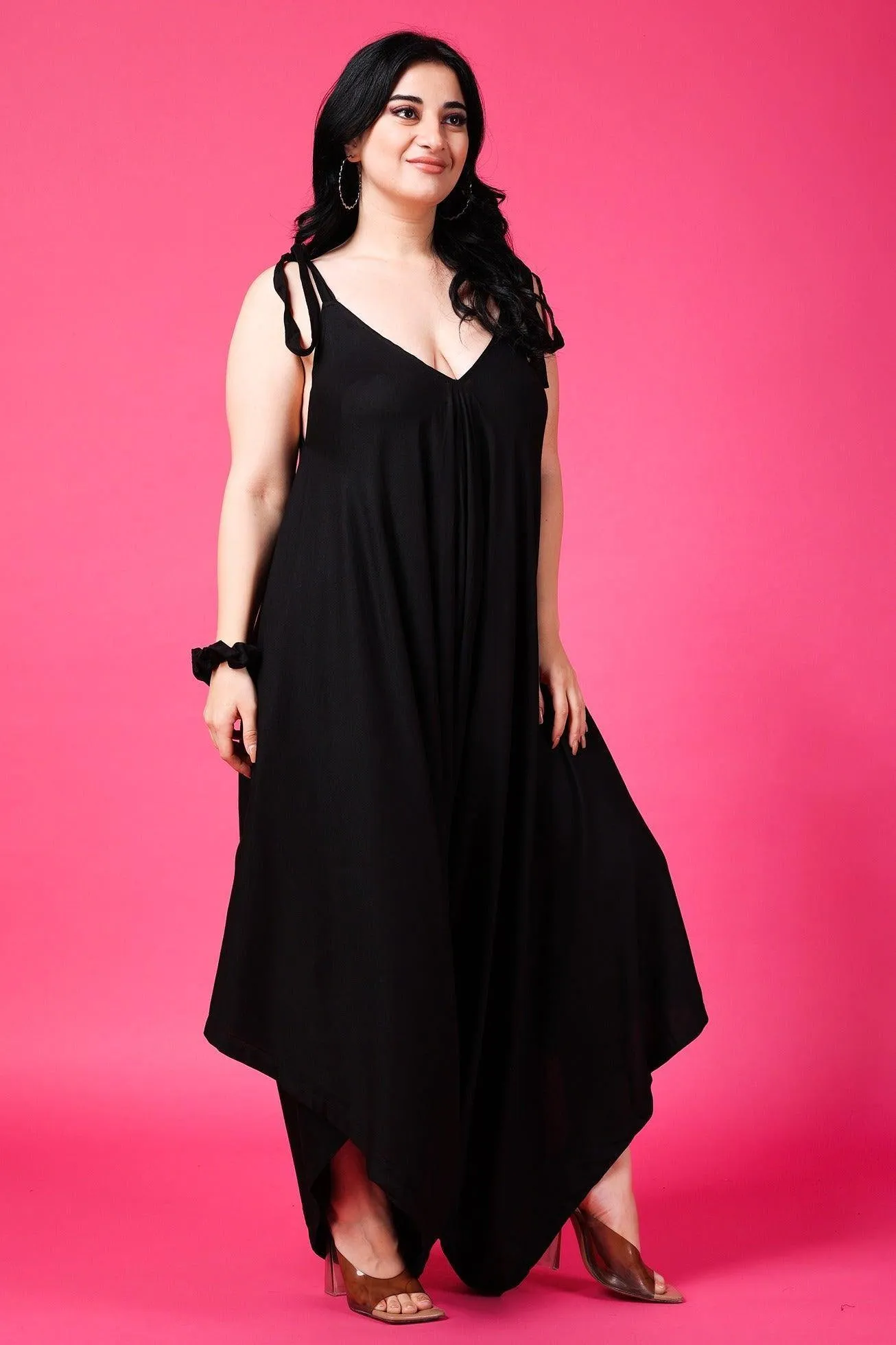 Solid Dhoti Style Loose Jumpsuit with Shoulder Tie