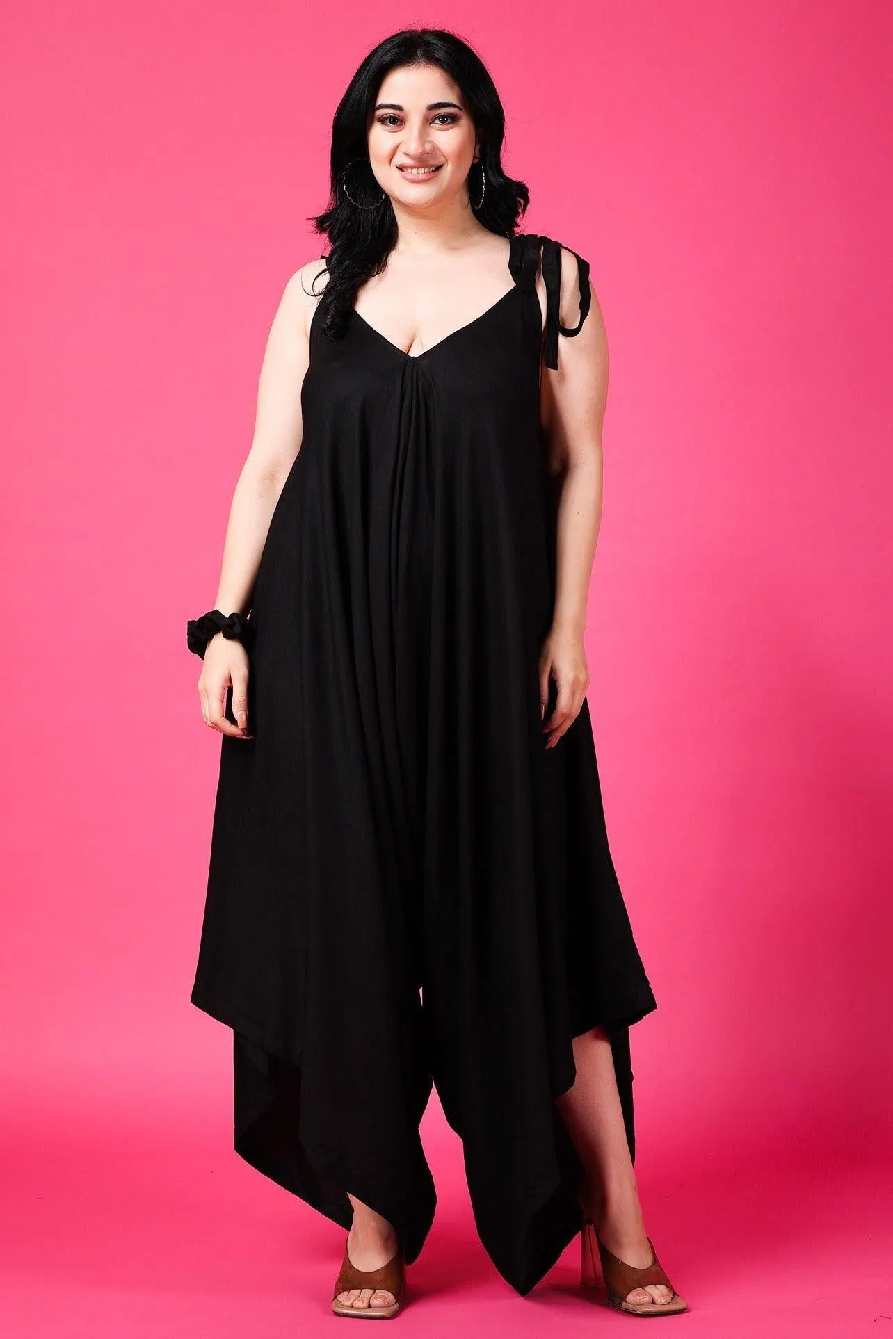 Solid Dhoti Style Loose Jumpsuit with Shoulder Tie