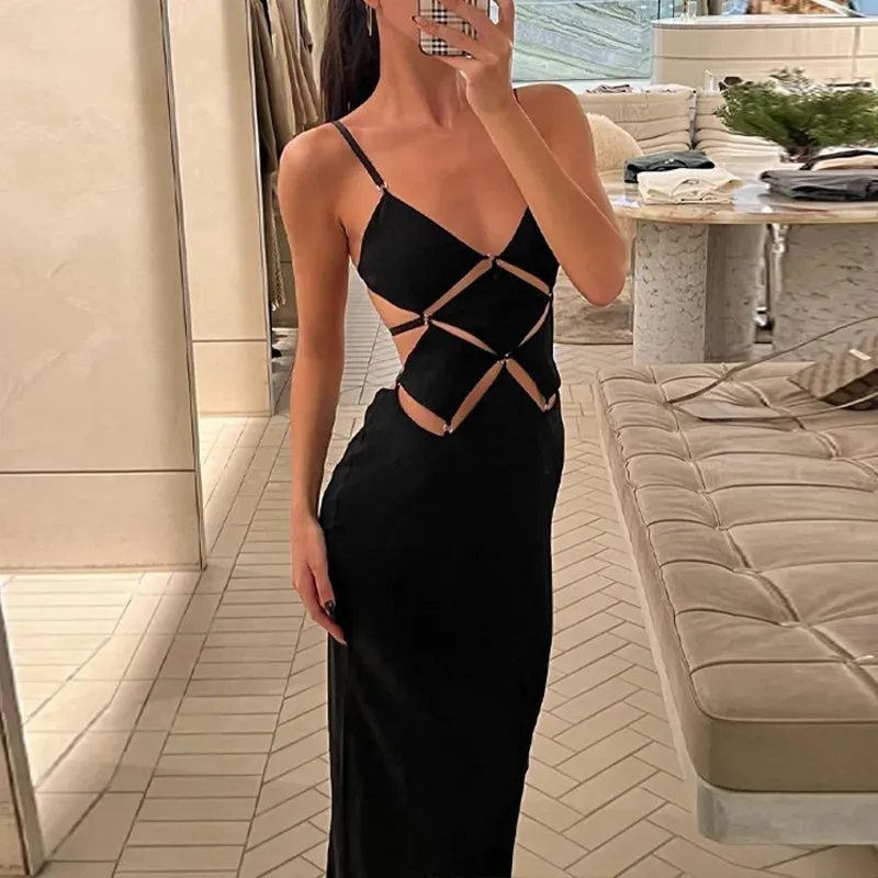 Sophisticated Elegant Black Hollow Out Backless Bodycon Maxi Dress
