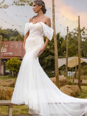 Sparkly Fit And Flare Wedding Dress Tulle Off The Shoulder