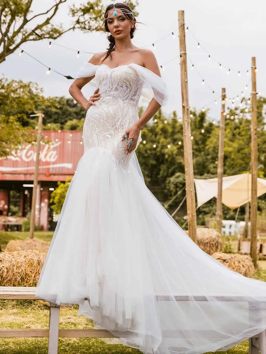 Sparkly Fit And Flare Wedding Dress Tulle Off The Shoulder