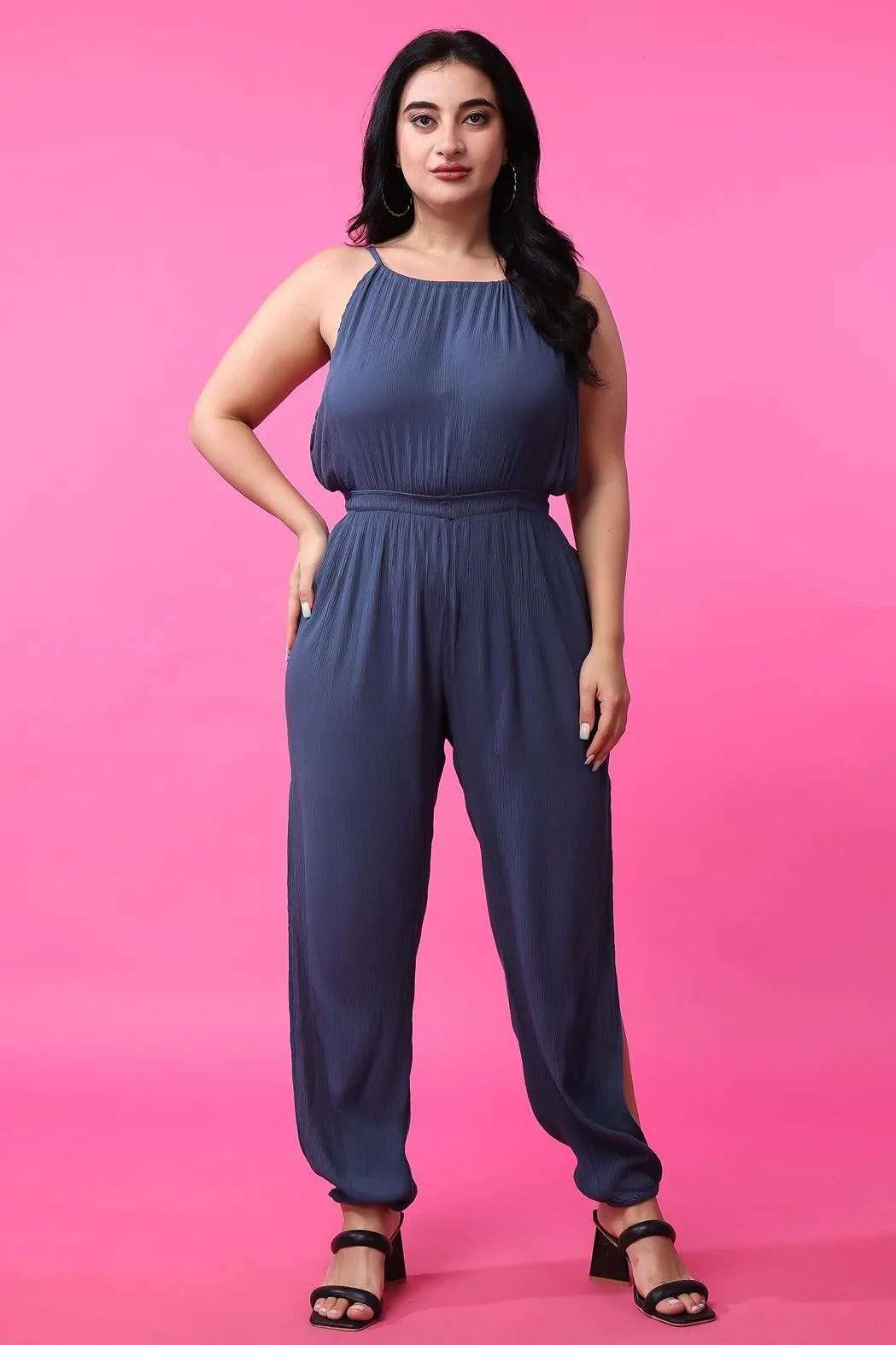Steel Grey Solid Side Slit Jumpsuit