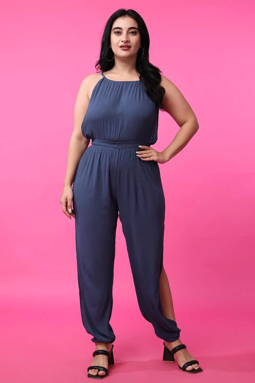 Steel Grey Solid Side Slit Jumpsuit
