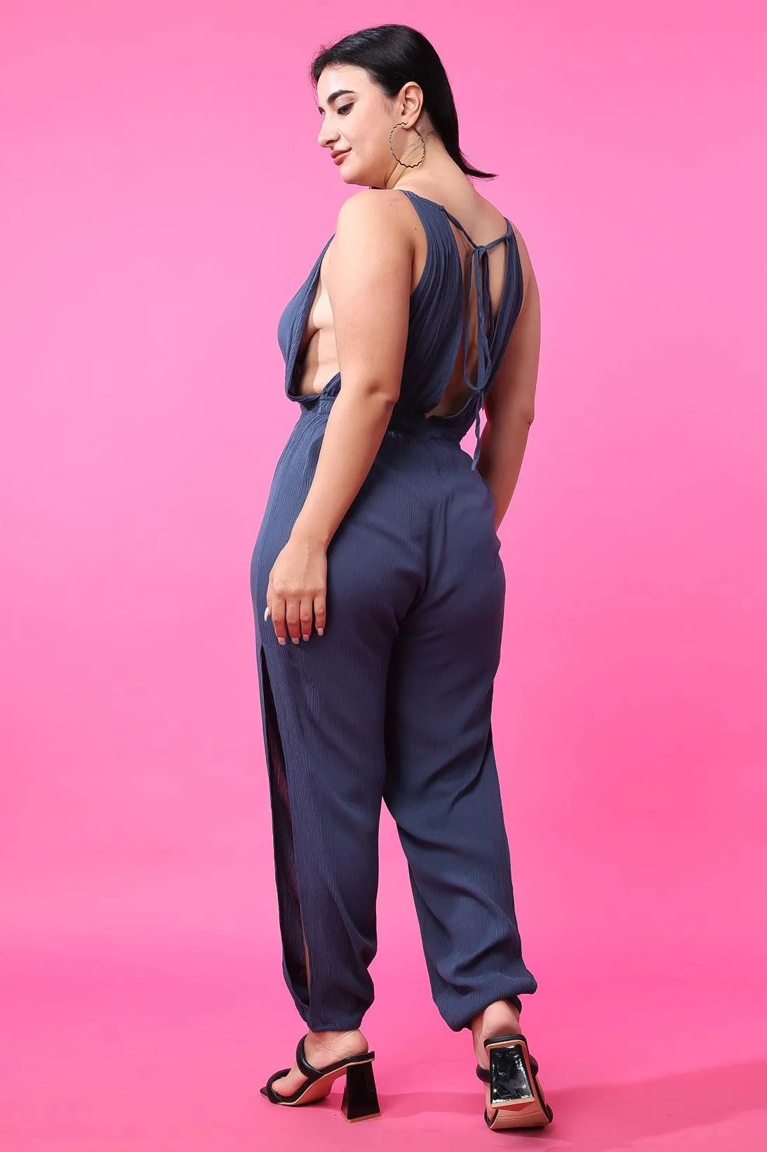 Steel Grey Solid Side Slit Jumpsuit