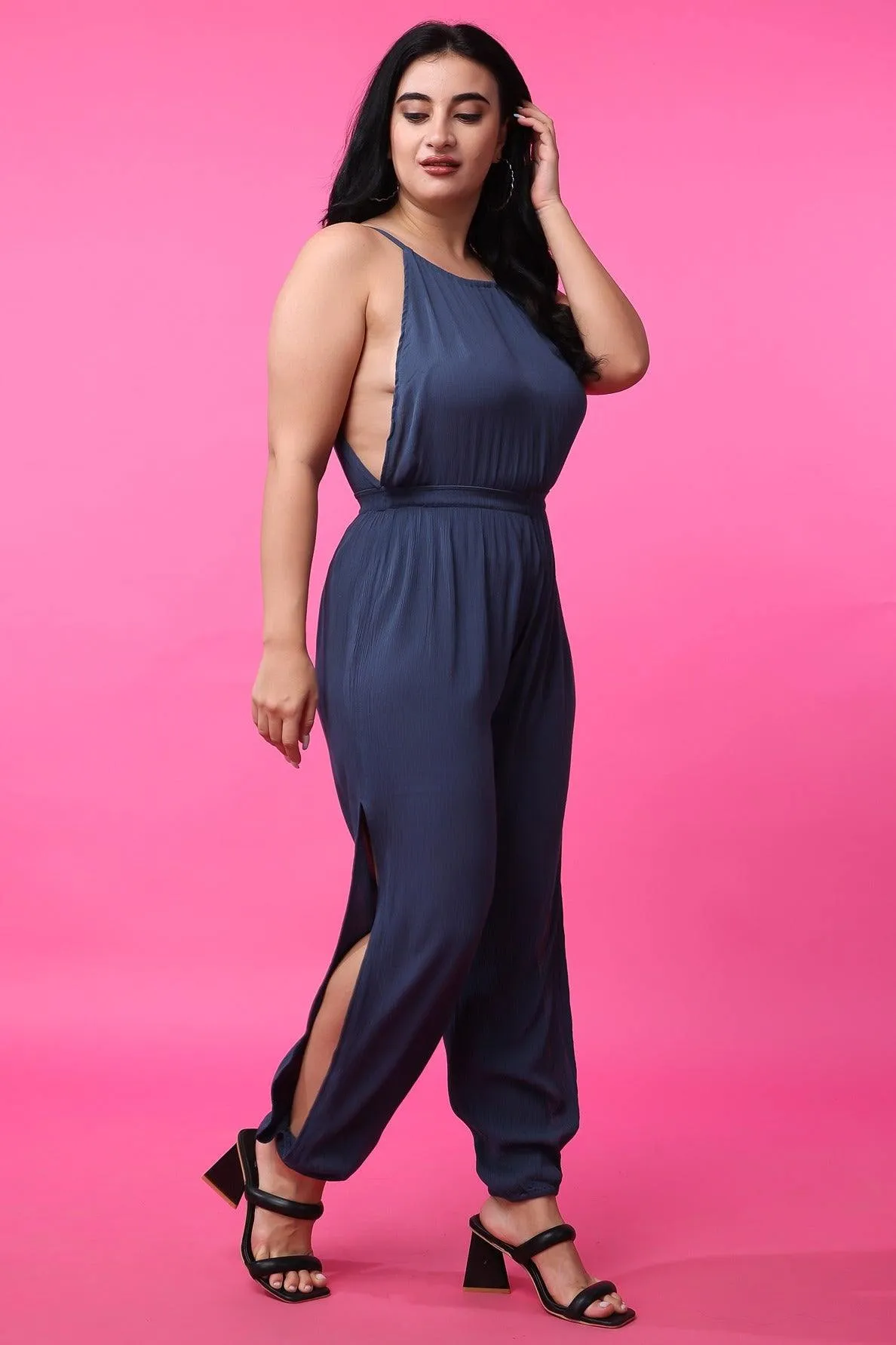 Steel Grey Solid Side Slit Jumpsuit