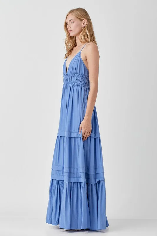 Stephanie Shirred Ruffle Folded Detail Maxi Dress