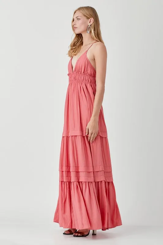 Stephanie Shirred Ruffle Folded Detail Maxi Dress