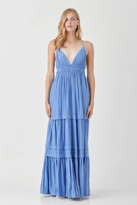 Stephanie Shirred Ruffle Folded Detail Maxi Dress