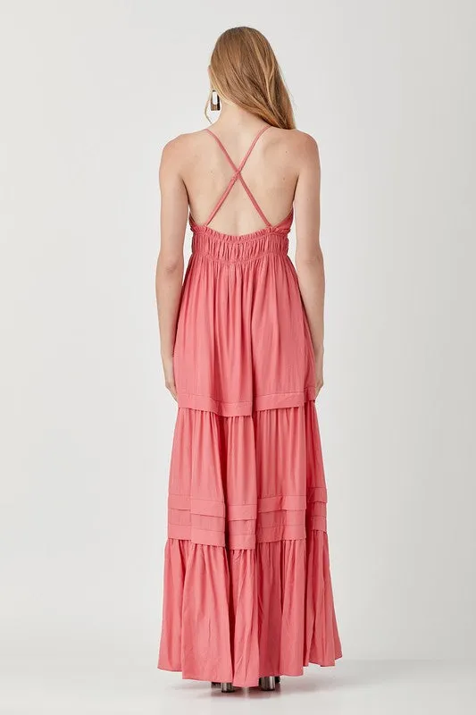 Stephanie Shirred Ruffle Folded Detail Maxi Dress
