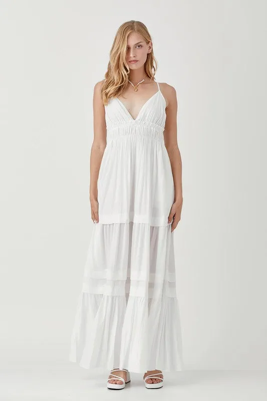 Stephanie Shirred Ruffle Folded Detail Maxi Dress