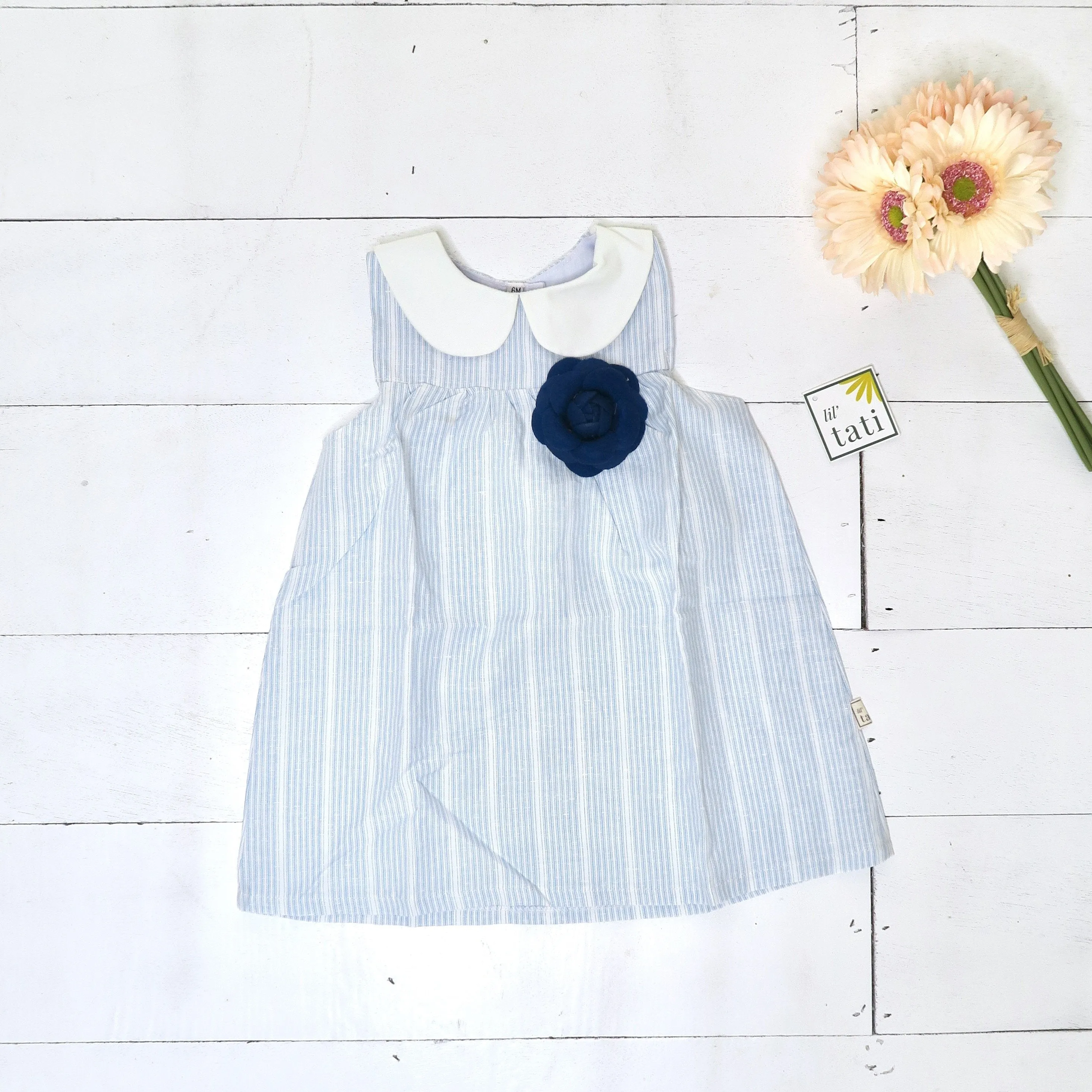 Tea Rose Dress in Linen Blue Stripes