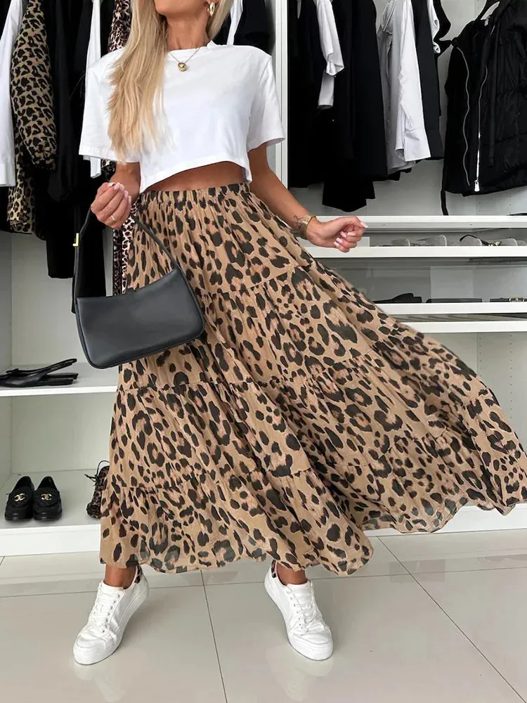 UAKISS  -  Leopard Print Ruffle Vintage Skirt Women Boho High Waist Long Skirt 2025 Spring Summer Party Skirts Women's Clothing Streetwear