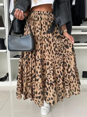 UAKISS  -  Leopard Print Ruffle Vintage Skirt Women Boho High Waist Long Skirt 2025 Spring Summer Party Skirts Women's Clothing Streetwear