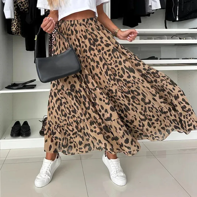 UAKISS  -  Leopard Print Ruffle Vintage Skirt Women Boho High Waist Long Skirt 2025 Spring Summer Party Skirts Women's Clothing Streetwear