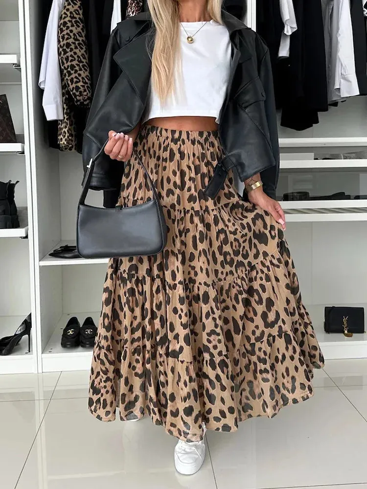 UAKISS  -  Leopard Print Ruffle Vintage Skirt Women Boho High Waist Long Skirt 2025 Spring Summer Party Skirts Women's Clothing Streetwear