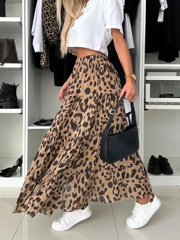 UAKISS  -  Leopard Print Ruffle Vintage Skirt Women Boho High Waist Long Skirt 2025 Spring Summer Party Skirts Women's Clothing Streetwear