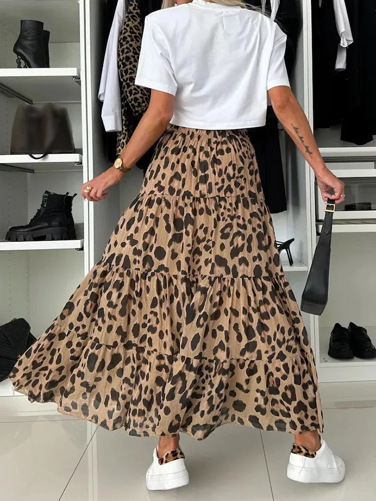 UAKISS  -  Leopard Print Ruffle Vintage Skirt Women Boho High Waist Long Skirt 2025 Spring Summer Party Skirts Women's Clothing Streetwear