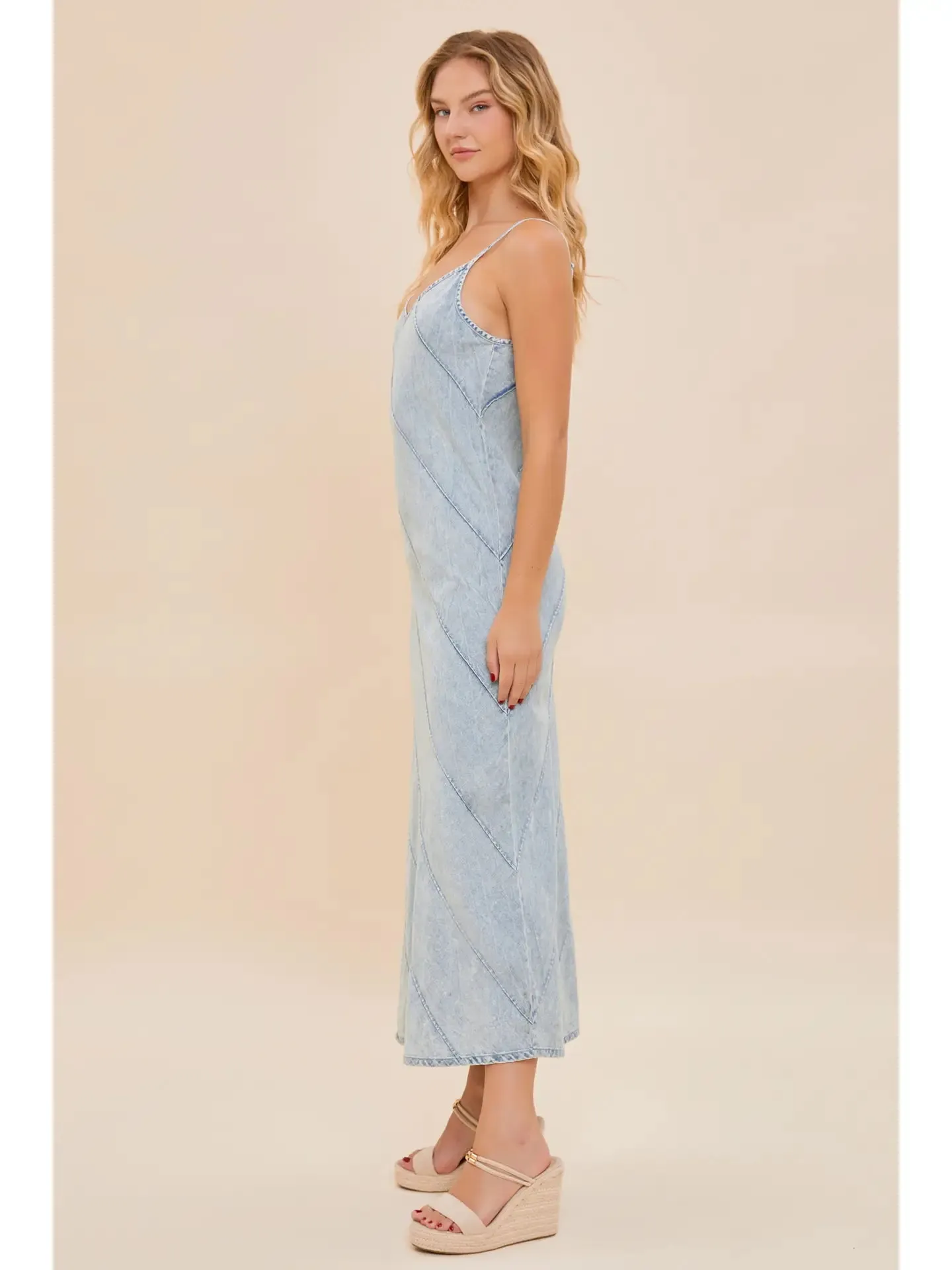 V-Neck Sleeveless Maxi Denim Dress
