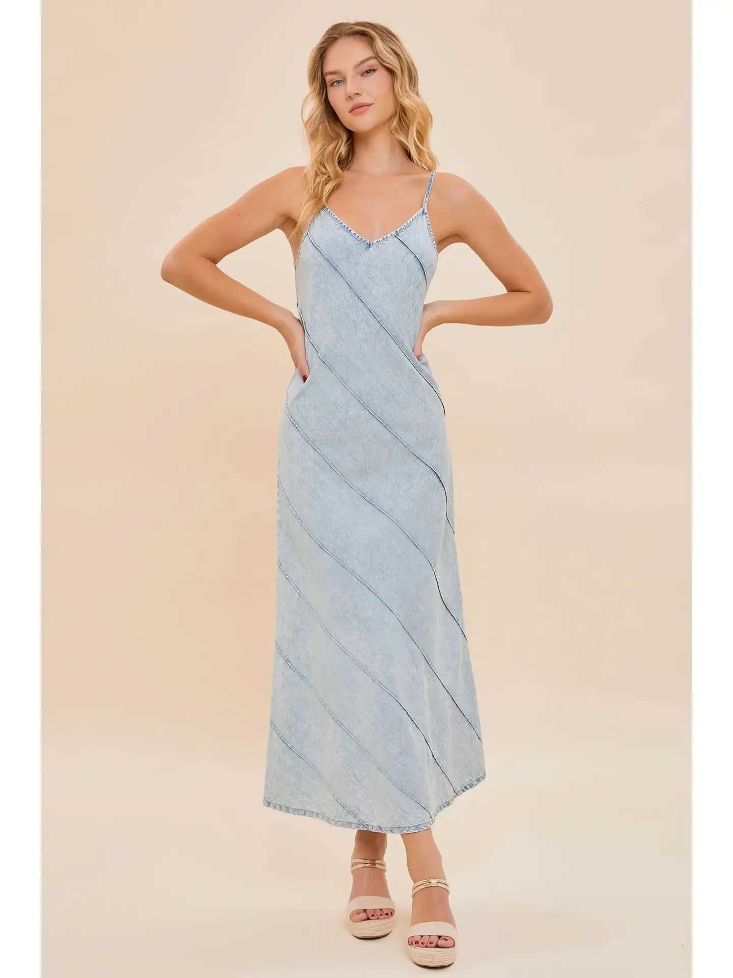 V-Neck Sleeveless Maxi Denim Dress