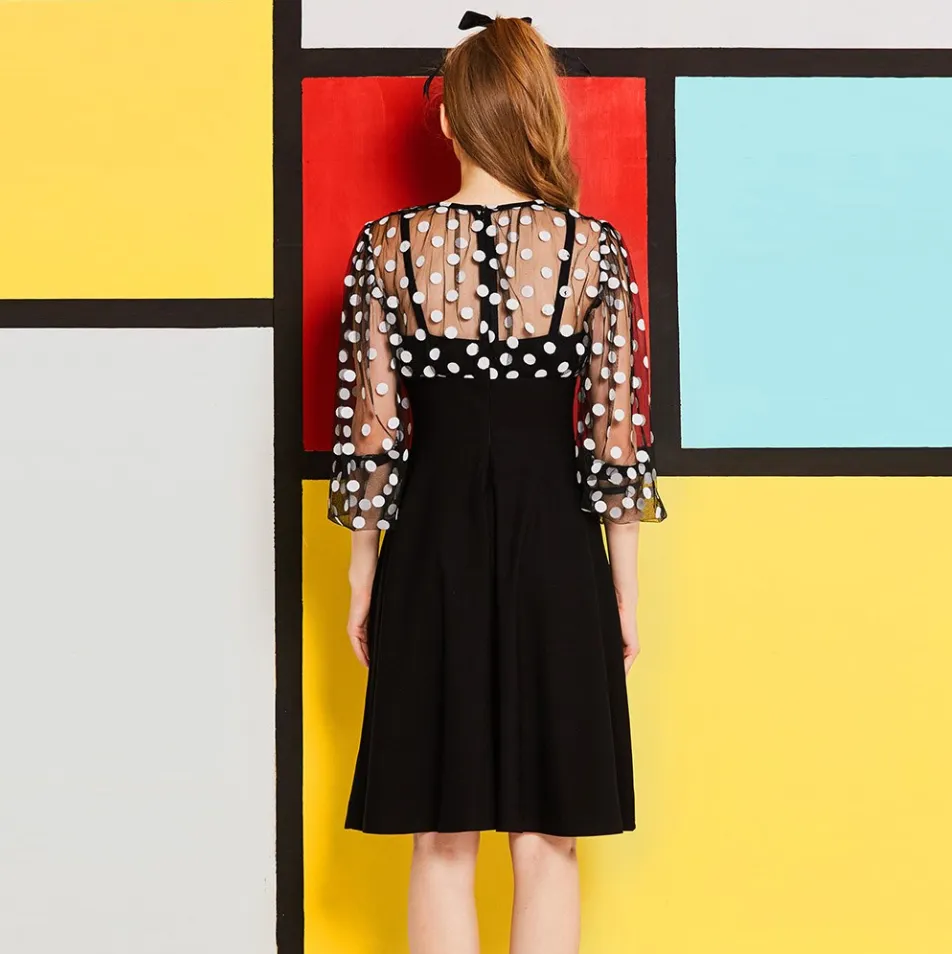 Vintage 1950s 60s Unique fit and flare polka dot sheer fit and flare swing dress
