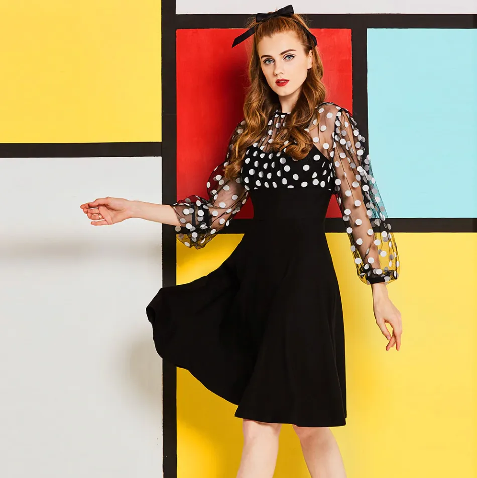 Vintage 1950s 60s Unique fit and flare polka dot sheer fit and flare swing dress