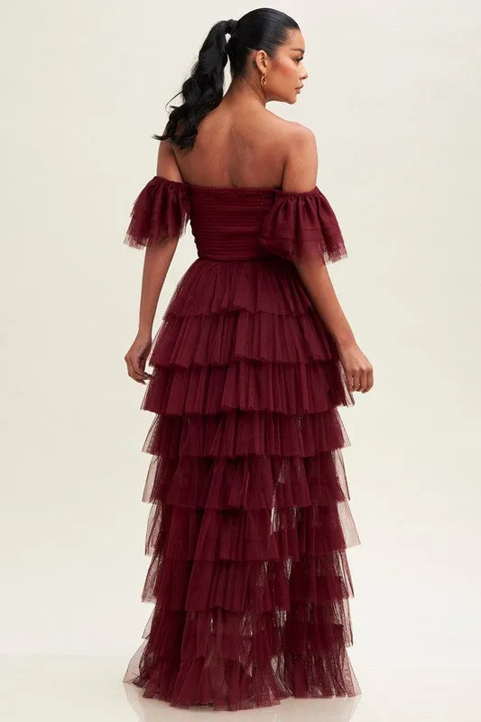 Wine Off S Shirred Ruffle Maxi Dress