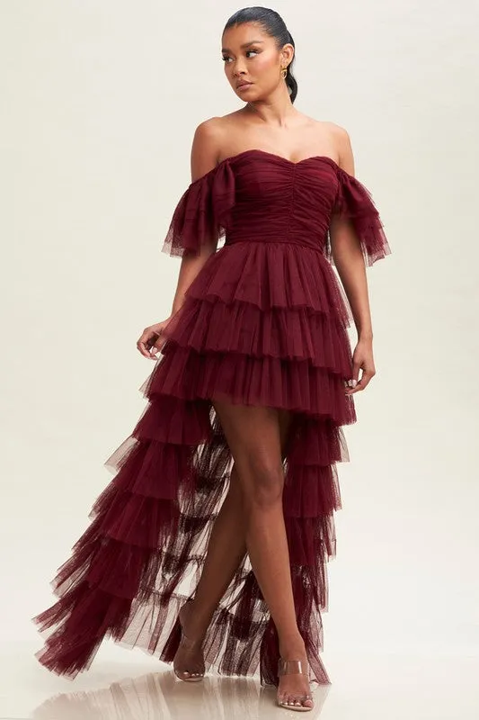 Wine Off S Shirred Ruffle Maxi Dress