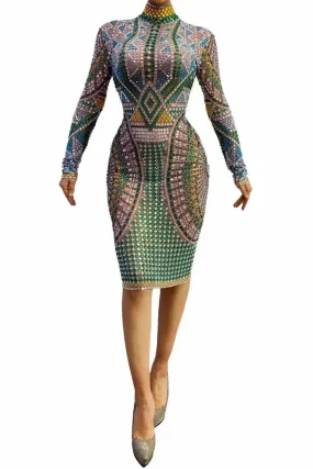 Women's Stretch Slim Rhinestone Performance Costumes Long Sleeve Elastic Dress Festival Celebration Suits Party Show Skirts