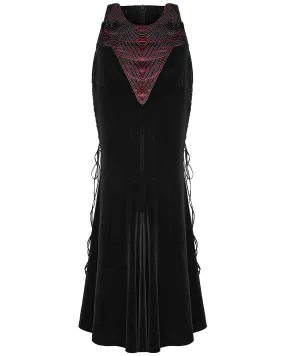 WQ-742BQF Womens Long Gothic Rose Lace Up Velvet Fishtail Skirt - Black & Red
