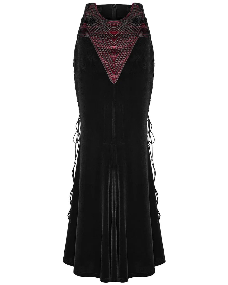 WQ-742BQF Womens Long Gothic Rose Lace Up Velvet Fishtail Skirt - Black & Red