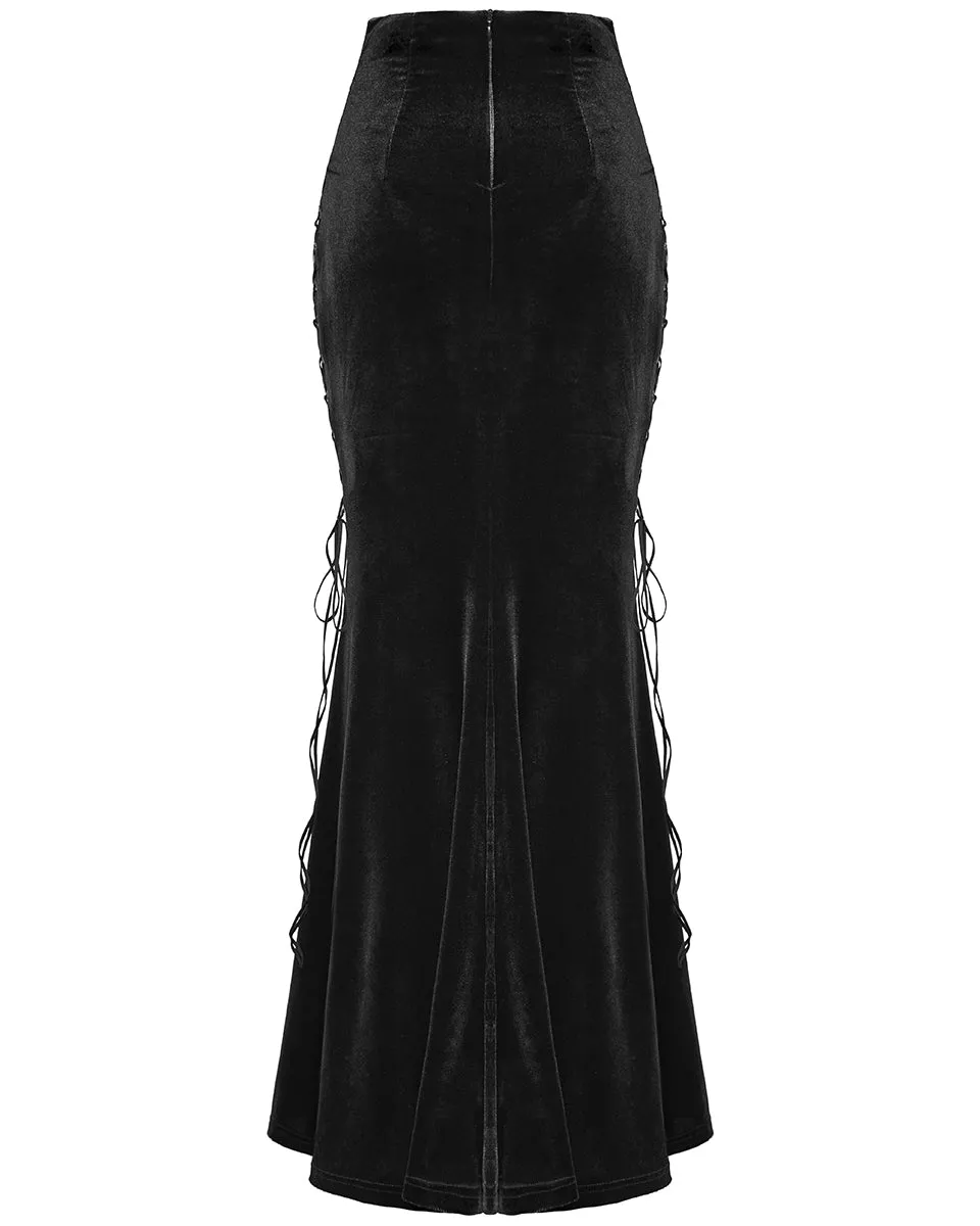 WQ-742BQF Womens Long Gothic Rose Lace Up Velvet Fishtail Skirt - Black & Red